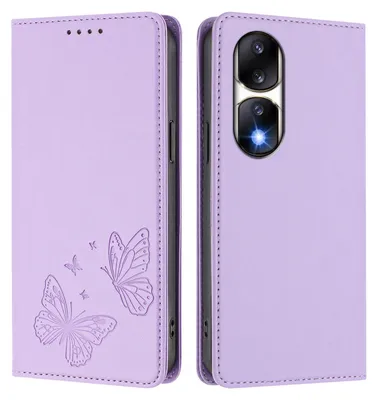 Produktbild von Lederhülle für Honor 90 Pro, Schmetterling Prägung Leder Brieftasche Schutzhülle mit Ständer Violett