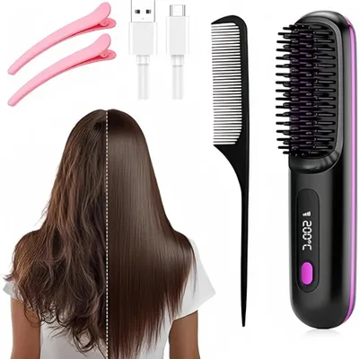 Produktbild von Haarbürste,Glätteisen,Kabelloser Haarglätter und Lockenkamm,Glättbürste mit negative Ionen, 3D Zähne, 3-Stufen Temperatur, Typ-C Laden,Schwarz