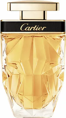 A close-up studio shot of a Cartier La Panthere perfume bottle.