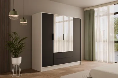 Produktbild von ALTDECOR  Kleiderschrank mit Spiegel und Flügeltüren, Garderobenschrank mit viel Stauraum, Vielseitiger Drehtürenschrank, Schrank KOLIN 200x200 cm Weiß   Schwarz