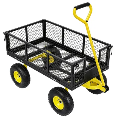 Image de Chariot de jardin - Chariot en acier pour charges lourdes - Capacité de charge : 408 kg - Parois latérales amovibles - Roues de 25 cm - Timon pivotant à 180° - Jaune
