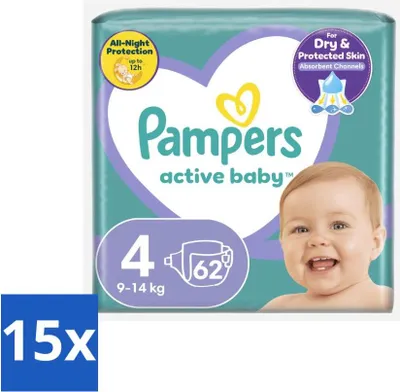 Zdjęcie produktu dla Pampers – pieluchy – Active Baby rozmiar 4 (9–14 kg) – 62 pieluchy – opakowanie ekonomiczne – 15 sztuk