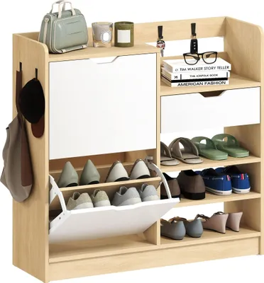 Image de Meubles d'entrée - Étagère à chaussures/tablette à chaussures avec tiroir - 4 crochets - Compartiments ouverts - Pour 14 paires - Bois - Naturel
