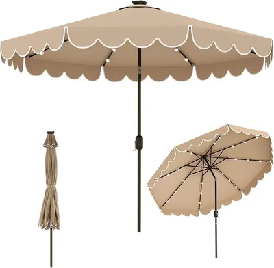 Image de Parapluie de jardin de 300 cm avec éclairage LED, parasol de jardin avec manivelle et volant, inclinable de 35° de chaque côté, parasol de terrasse avec 8 baleines, idéal pour balcon, jardin ou terrasse (marron)