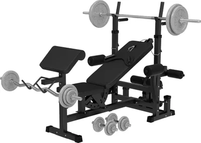 Produktbild von GORILLA SPORTS® Multifunktion Hantelbank - inkl. Hantelset mit 108 kg Gewichten, Verstellbar, mit Langhantel-Ablage, Curlpult und Butterfly, Dip-Station, Beinstrecker - Trainingsbank, Kraftstation