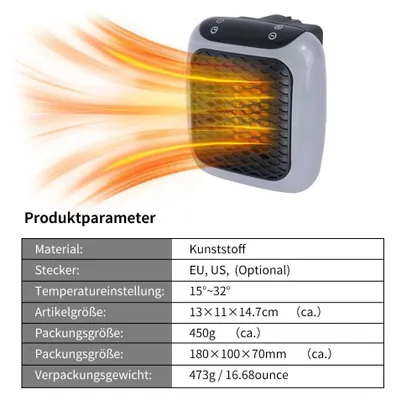Produktbild von Elektrischer Heizlüfter mit Steckdosenanschluss Fernbedienung für Schlafzimmer Heizgeräte Mini-Heizung aus Keramik 800 W