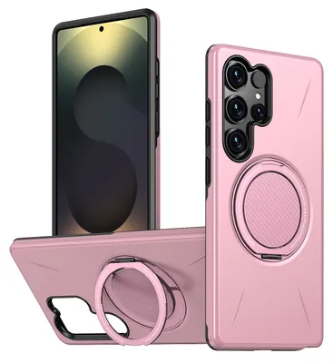 Produktbild von Magnetisch Hülle für Samsung Galaxy S25 Ultra, Stoßfeste Weich TPU und Hard PC Schutzhülle mit Ringhalter Ständer Pink