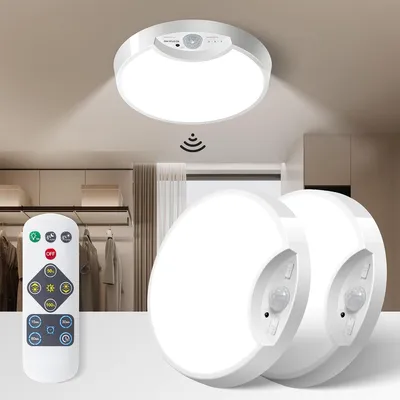 Produktbild von 2er Set LED Deckenleuchte mit Bewegungsmelder, Nachttischlicht, Treppenhaus, 3 Farbmodi, Fernbedienung, Akku