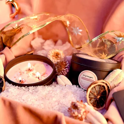 Produktbild von Geurkerzen-Set mit Kristall, 3 Dochtkerzen, Sojawachs, Aromatherapie und Meditation