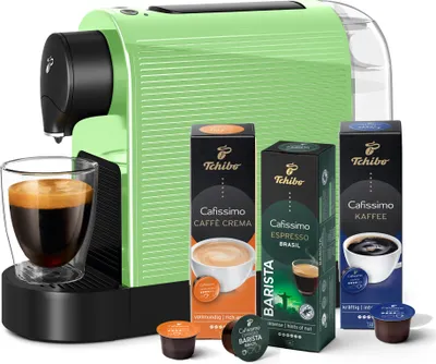 Produktbild von Tchibo Cafissimo „Pure plus“ Kaffeemaschine Kapselmaschine inkl. 30 Kapseln für Caffè Crema, Espresso und Kaffee, 0,8l, 1250 Watt, 11,9 x 33,7 x 24 cm, Happy Matcha