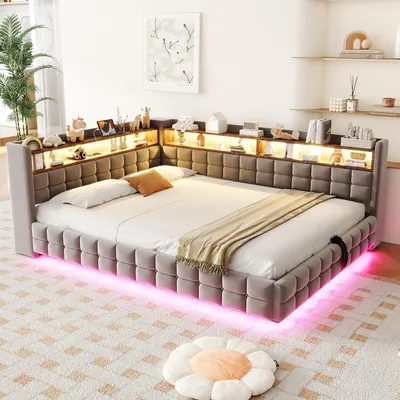 Produktbild von STILVORA Polsterbett 140x200 cm mit hydraulischem Stauraum,Funktionsbett mit LED-Lichtleiste und Steckdose,Schlafsofa mit Holzregal und USB- & Typ-C-Ladeanschlüsse,mit Matratze