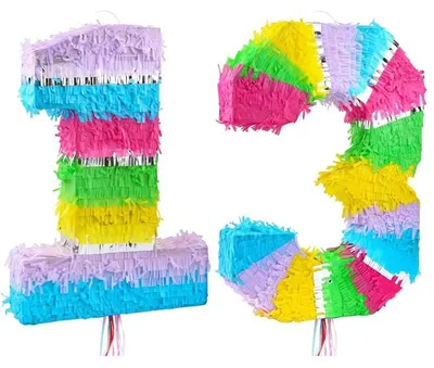 Produktbild von Piñata Zahl 13, bunt pastell, 50 cm x 35 cm x 7,5 cm, bis 1 kg Füllmenge