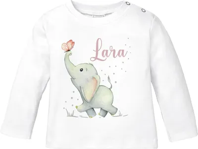 Produktbild von Baby Langarmshirt mit Namen personalisiert Elefant Schmetterling Tiermotiv Tiere Junge Mädchen Baumwolle SpecialMe® weiß 56/62 (1-3 Monate)