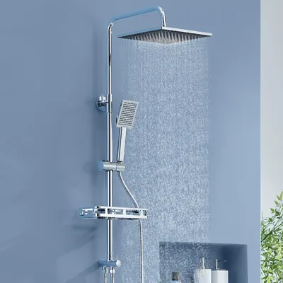 Immagine prodotto di Set doccia pioggia - Soffione 25 x 25 cm - Acciaio inox - Asta doccia regolabile - Supporto senza foratura - Cromato