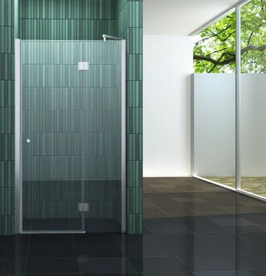 A modern bathroom with a glass shower enclosure.