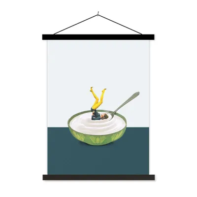 Produktbild von MuchoWow® Textilposter Joghurt - Yoga - Retro 60x80 cm mit schwarzem Rahmen - Plakathalter