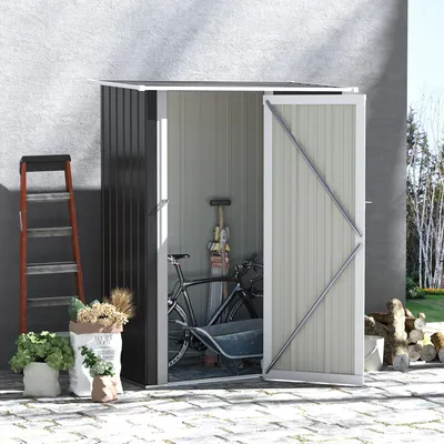 Zdjęcie produktu dla Szopa ogrodowa, schowek na narzędzia do ogrodu, na taras lub trawnik, metalowa szopa odporna na warunki atmosferyczne z drzwiami, 142 x 84 x 189 cm, ciemnoszara
