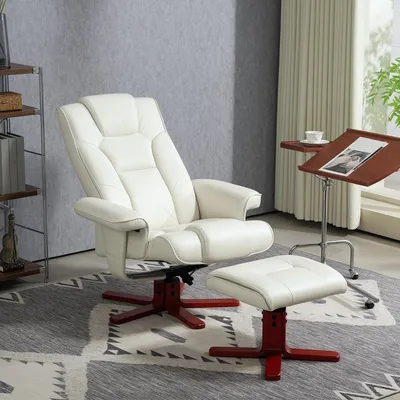 Image de Fauteuil relax avec repose-pieds, dossier inclinable à 135°, fauteuil inclinable en similicuir avec fonction balancelle, blanc crème | 84 x 84 x 104 cm | 150 kg | Ensemble 2 pièces