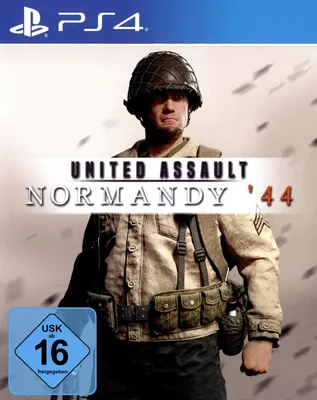Cover art for a video game titled "United Assault - Normandy '44" featuring a soldier in uniform.