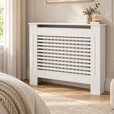 Productafbeelding van WISFOR Radiatoromsluiting, hoog, radiatorafdekking van MDF, wit, met opbergruimte, 111x19x101,2 cm