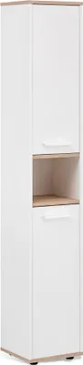 Produktbild von BadeDu ARC Hochschrank mit verchromten Griffen  Schrank für das Badezimmer (30 cm x 177 cm x 28 cm)  Badschrank schmal aus Holz in Weiß und Eiche