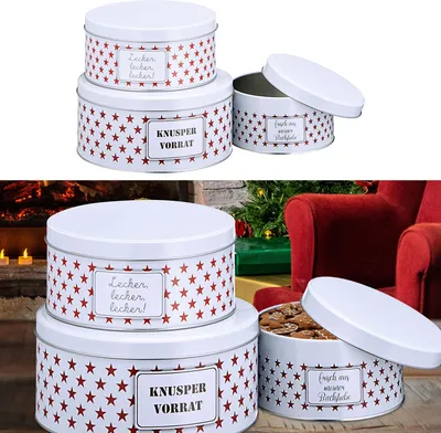 Produktbild von Gebäckdose "Sterne" 3er Set rund weiß Weihnachtskekse Weihnachtsgebäck Keksdose Dose Weihnachtsdose