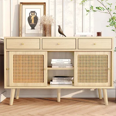 Zdjęcie produktu dla Kredens Sweiko 120x40x78cm, komoda z 3 szufladami i 3 przesuwanymi drzwiami, regulowane półki, dąb