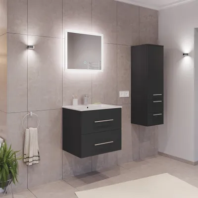 Produktbild von Badmöbel Set 3-teilig, Waschtisch 60cm breit mit Waschbecken und LED Spiegel, in grau - HARLINGEN-02