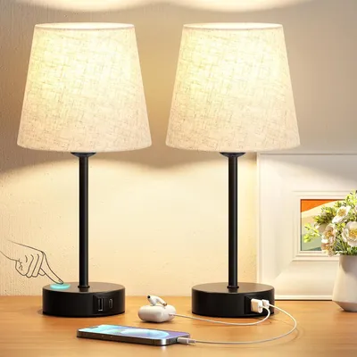 Produktbild von Nachttischlampe Touch Dimmbar 2er Set mit USB A und USB C Ladefunktion LED Tischlampe Leinen für Schlafzimmer Büro