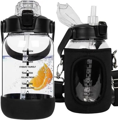 Productafbeelding van Glazen Drinkfles met Rietje en Tijdmarkering 1 Liter