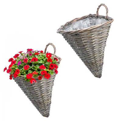 Produktbild von Rattan Wand Blumenampel konisch 32 x 25 cm natur mit Folie - 2er Set - Korbgeflecht Pflanzkorb zum Hängen halbrund für Innen und Außen