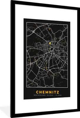 Produktbild von MuchoWow® Gerahmtes Poster Chemnitz - Deutschland - Karte - Gold - Stadtplan 60x90 cm - Poster mit Schwarzem Bilderrahmen Wandposter Rahmen Foto Bilder - Dekoration - Wandposter Wohnzimmer - Hochwertig