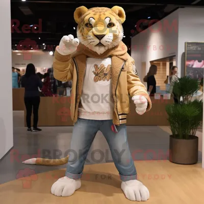 Obrázek produktu pro Postava REDBROKOLY maskota Tan Šavlozubého tygra oblečená v džínách Boyfriend Jeans a jehlicích do šálu