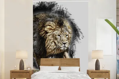 Produktbild von MuchoWow® Fototapete für Wohnzimmer oder Schlafzimmer Wandtapete Vinyl Motivtapete Illustration - Löwe - Schwarz - 200x300 cm - Wanddekorationen