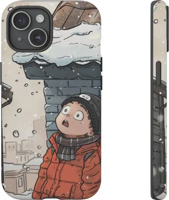 Produktbild von Winterlicher Chibi-Mann blickt zum verschneiten Dach – Hülle Kompatibel mit iPhone 15