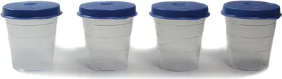 Four clear plastic containers with blue lids are lined up against a white background.