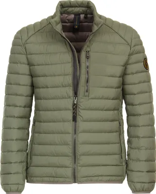 A studio shot of a green puffer jacket.