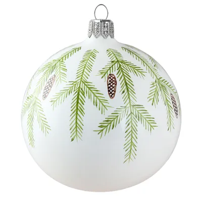 Produktbild von Weiße Weihnachtsdekoration 11 cm mit handbemalten Nadelzweigen und Fichtenzapfen