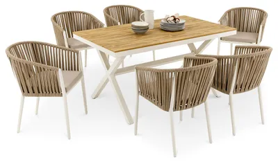 Produktbild von Gartenmöbelset ISOLA Weiß/Beige - Outdoor Essgruppe mit 1 Tisch und 6 Stühlen, inkl. Sitzkissen, Tisch und Stühle aus Alu, bespannt mit Rope, Tischplatte aus WPC in Holzoptik natur, Terassenmöbel