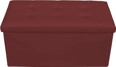 A burgundy storage ottoman is shown from the front.