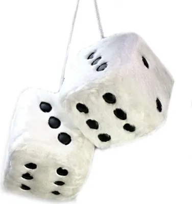 Two fuzzy dice hanging from a string.