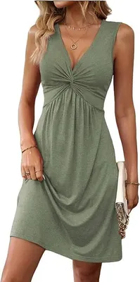 Produktbild von ASKSA Damen V-Ausschnitt Kleid Aermellos Einfarbig Strandkleider Casual Tunikakleid Sommerkleid (A Hellgruen,L)