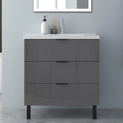 Produktbild von Badmöbel Set 80 cm Dunklegrau Hochglanz Keramikbecken Hängeschrank mit Schrankfüße Griff Softclose selbstmontiert