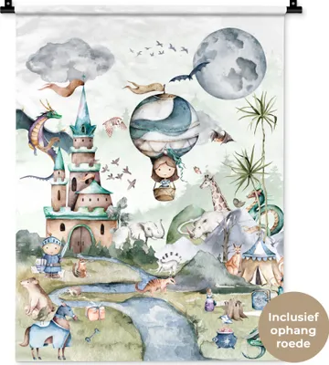 Produktbild von MuchoWow® Wandteppich Wandbehang Kinder - Heißluftballon - Drache - Jungen - Burg - Aquarell 60x80 cm Tapisserie Dekoration Wandtuch - Decke - Wandtücher - Wohne