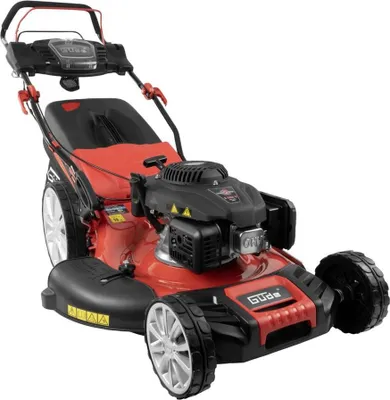 A red and black lawnmower is shown against a white background.