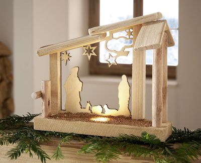 Weihnachtskrippe "Heilige Familie" mit LED Beleuchtung aus Holz, Krippenstall aus Eiche, Figuren aus Sperrholz