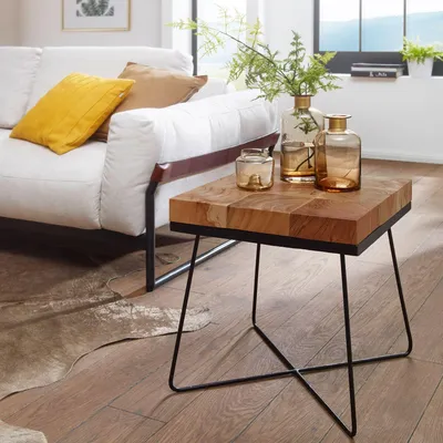 Produktbild von FineBuy Beistelltisch 45 x 45 x 51 cm Akazie Massivholz mit Metallgestell Industrial Anstelltisch Quadratisch Massiv Holz Tisch Braun Wohnzimmertisch