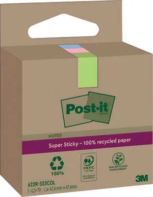 Immagine prodotto di Post-it Super Sticky Recycling Notes 47,6 x 47,6 mm colorati 3 blocchetti da 70 fogli