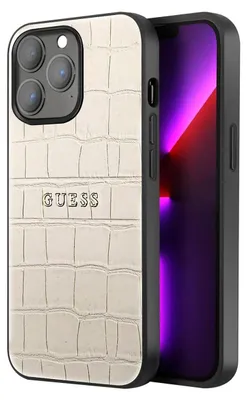 A close-up shot of a phone case with a crocodile texture and the Guess logo, placed on a white background.