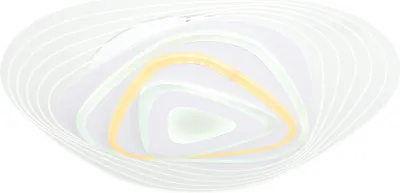 A top-down view of a white ceiling light with concentric triangular layers and a yellow accent.